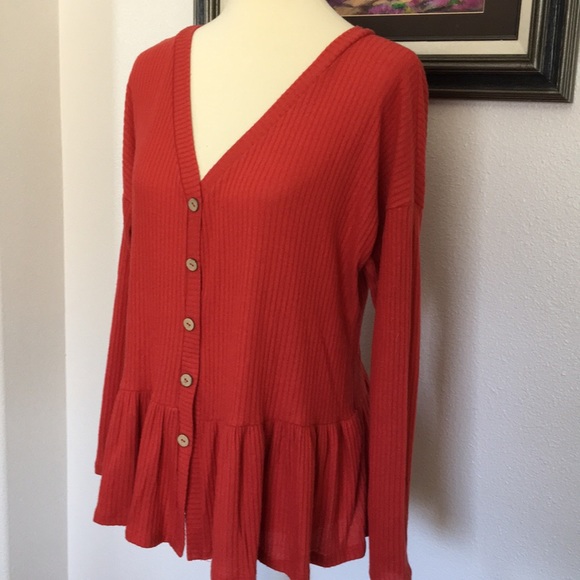 Tops - Ribbed Long Sleeve Button Front Sweater